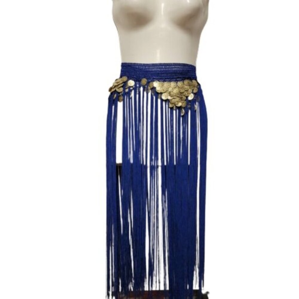 Hip Skirt Belly Dance Tassels Fringe Skirt Bellydance Coins and Fringe Hip Scarf - Picture 4 of 14